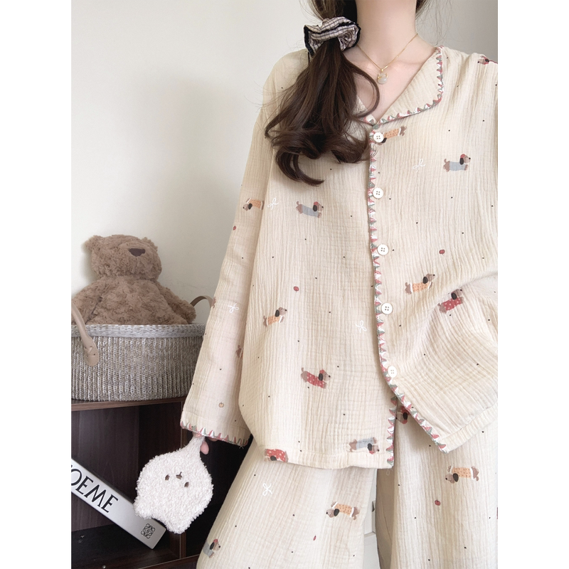 Cute Cartoon Dachshund Double-Layer Cotton Gauze Pajamas for Women 2026 Spring and Autum New Style 100 Cotton Home Wear Set