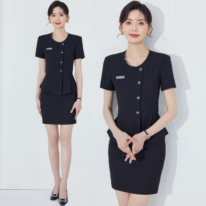 Black Short-Sleeved Suit for Women, Slim-Fitting Business Attire, Jewelry Store, Beauty Salon, Elegant Gold Store, Hotel Work Uniform, Summer