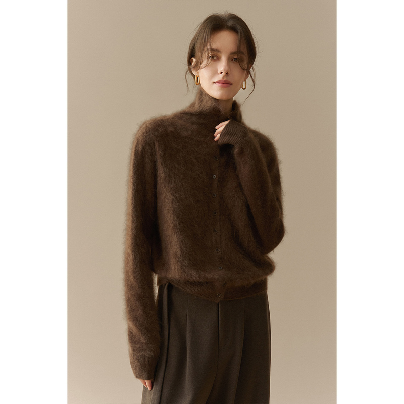 Jansan Cashmere Wool Brushed Texture Small Turtleneck Button-Down Inner Knit Sweater Cardigan for Women