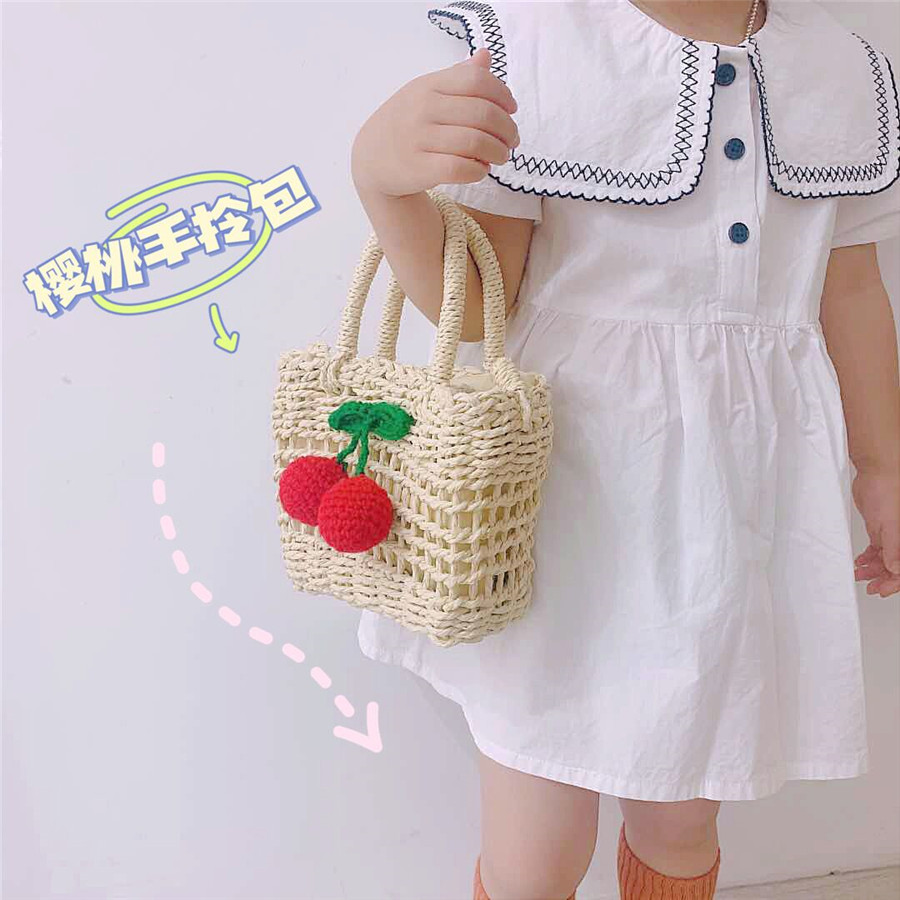 2023 Straw Cherry Handbag Messenger Bag Cute Girl Baby Seaside Beach Vacation Woven Bag Small Square Bag