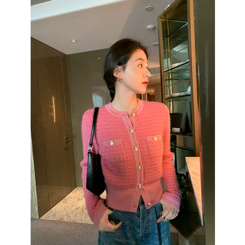 ADA MISS Spring & Autumn 2021 New Pink Mohair Fragrance Waist Slim Short Knit Cardigan Jacket Woman