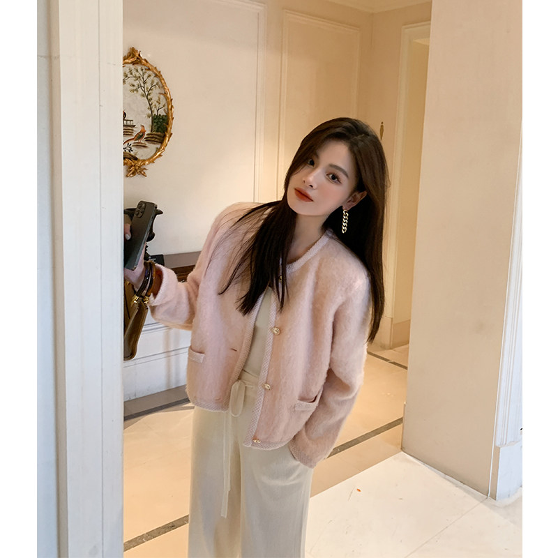 ADA MISS autumn and winter 2022 new temperament round neck brushed thickened mohair gold buckle knitted jacket cardigan female