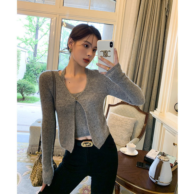 ADA MISS autumn 2022 new super soft vicuna slim fit one buckle hanging neck two knitted short cardigan women