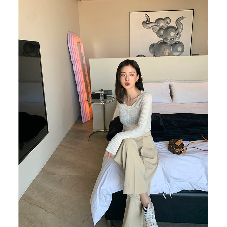 ADA MISS SPRING DRESS NEW BONE SENSATION U COLLAR REPAIR LONG SLEEVE HIGH SLANG FLOWER PATTERN INNER LAP KNIT UNDERSHIRT WOMAN WHITE