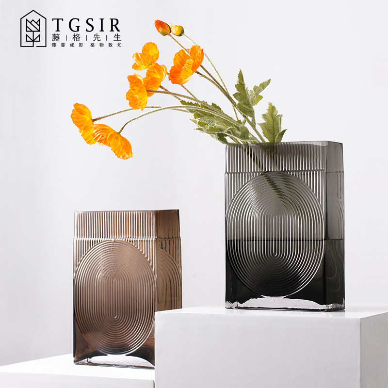 Simple creative square glass vase ornaments living room large diameter flowers hydroponic transparent high decorative flower arranging