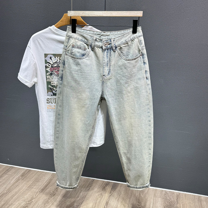 Light Blue Trendy Brand Design Neutral Style Loose Short-Leg Nine-Point Jeans for Boys Harem Carrot Daddy Eight-Point