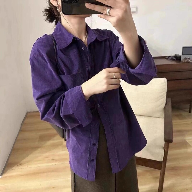 2026 New Spring Vintage Layered Purple Long-Sleeve Shirt Simple Korean Style High-End Corduroy Lapel Top for Women