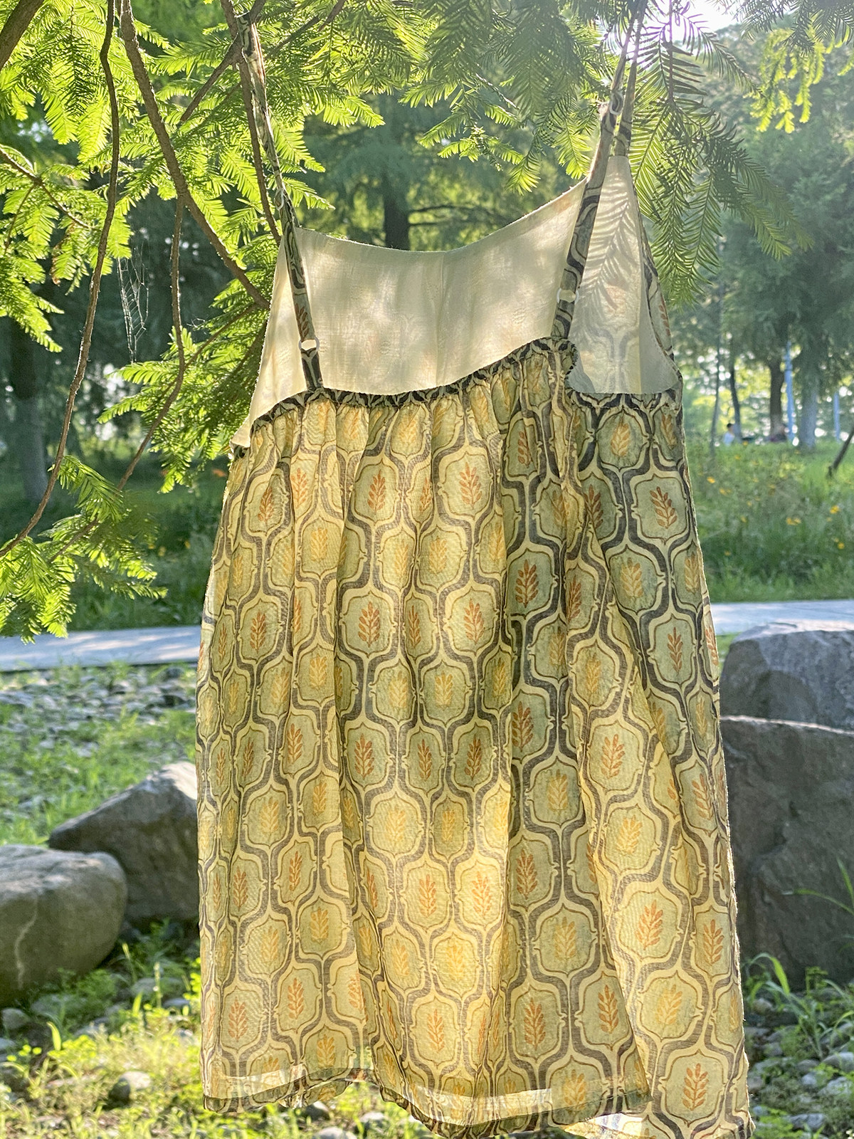 汉服上装 泊月夏季汉服吊带背心天丝棉古风印花透气上衣 觉夏花园青绿色选