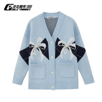 ເດັກຍິງຊຸບເປີມາເກັດ X LA DECORATION Bow Decorated Plaid Cardigan