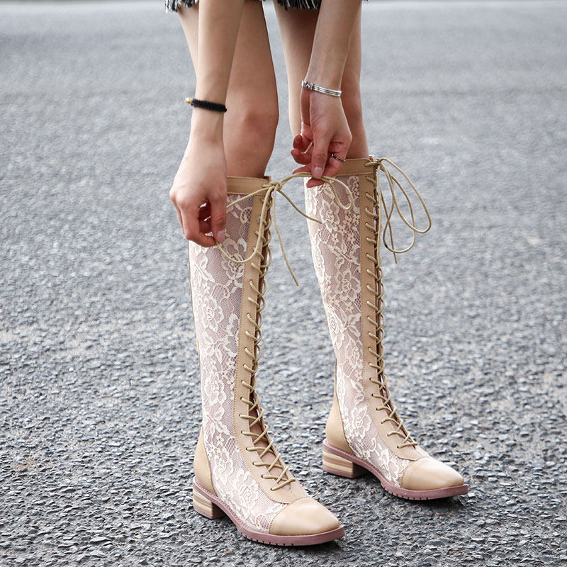 Summer net yarn Breathable Ancient Lace Mesh Strap Hollowed-out High Cylinder Long Boots Net Red Sandal Boots Individuality Martin Boots Women Shoes