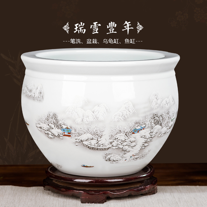 Small fish tank water lily of jingdezhen ceramics basin bowl lotus tortoise cylinder aquarium handicraft furnishing articles writing brush washer with fish pot cylinder