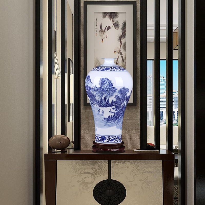 Jingdezhen ceramics hand - made landscape design blue and white porcelain vase Chinese style household desktop sitting room adornment is placed