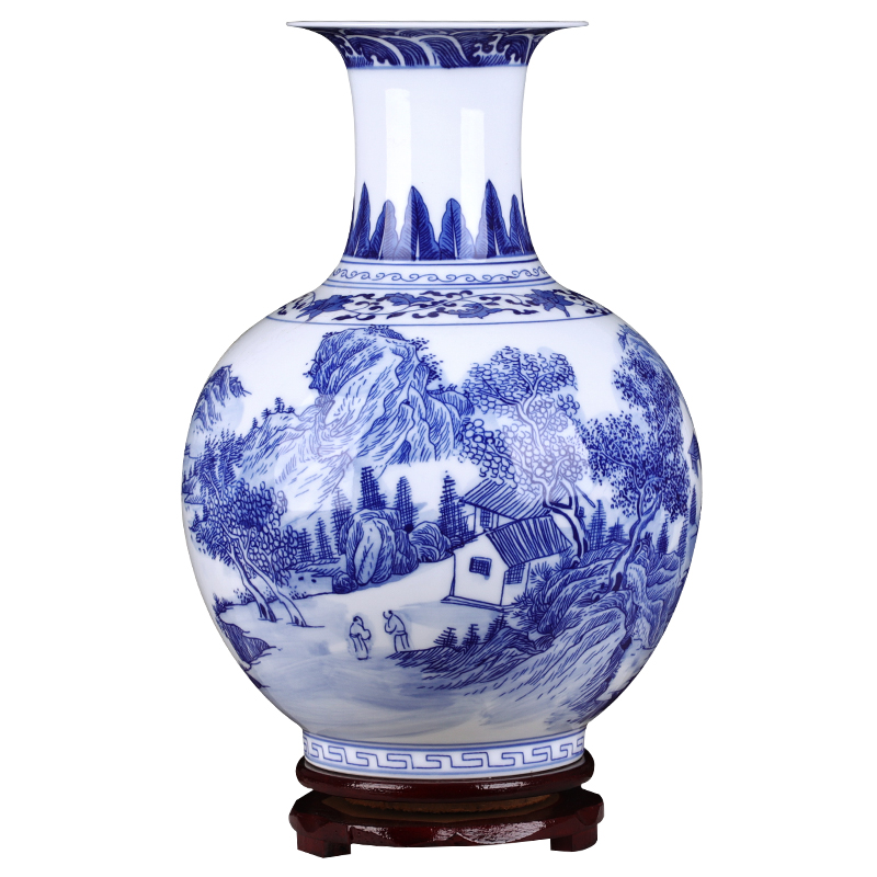 Jingdezhen ceramics hand - made landscape design blue and white porcelain vase Chinese style household desktop sitting room adornment is placed