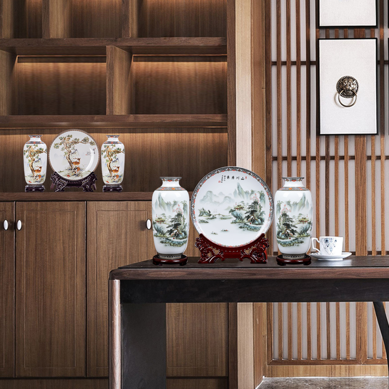 Porcelain of jingdezhen ceramics vase home sitting room place flower arranging three - piece wine plate handicraft ornament