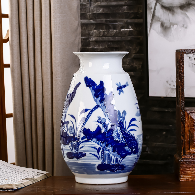 Jingdezhen ceramics hand - made household adornment blue and white porcelain vase carving handicraft sitting room ark, furnishing articles