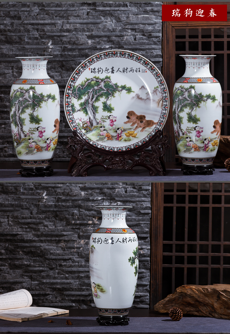 Jingdezhen chinaware big vase three - piece suit Chinese style living room TV ark place flower arranging household craft ornaments