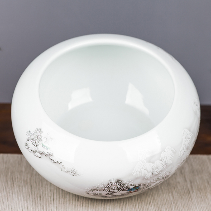 Small fish tank water lily of jingdezhen ceramics basin bowl lotus tortoise cylinder aquarium handicraft furnishing articles writing brush washer with fish pot cylinder
