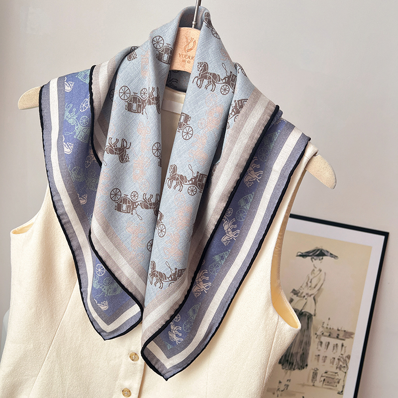 【Carriage】Double-Sided Silk Wool Scarf, Small Shawl, Elegant Haze Blue High-End Silk Wool Square Scarf for Autumn and Winter