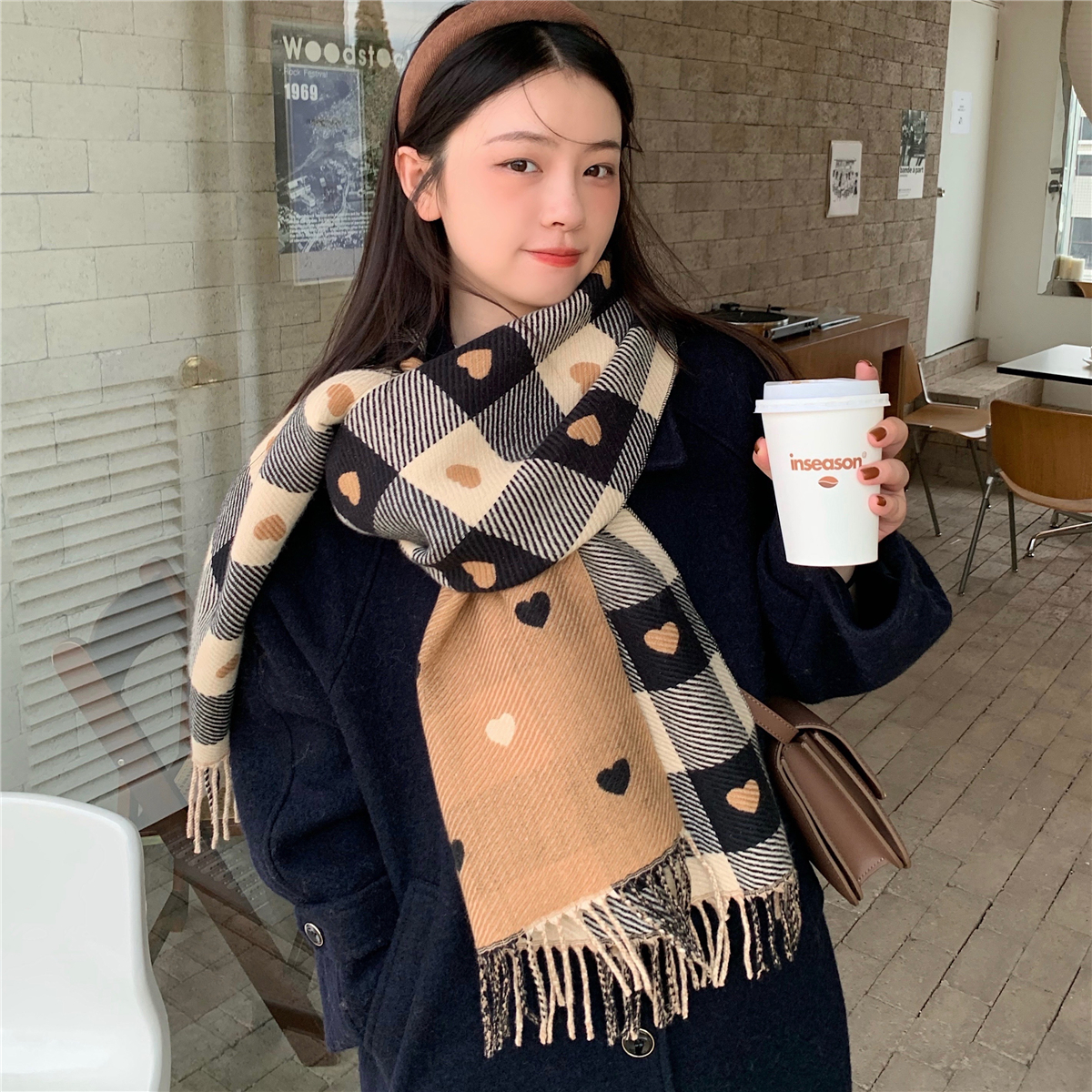 Japanese Rosex Double-sided Love Grid Scarf Female Fashion Han Edition Warm and thicker neck shawl