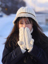 Japan Rosex autumn and winter plus velvet warm and cold color mosaic gloves twist cute hair ball full finger gloves