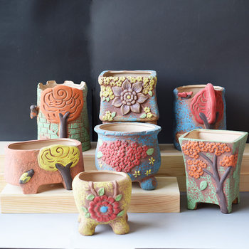 Succulent Flower Pots, Coarse Ceramic Hand-Painted Large Green Plant Pots, Simple Succulent Plant Small Flower Pots, Breathable Flower Pots