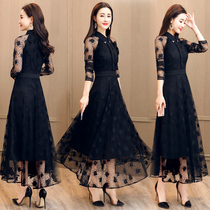 2021 spring and autumn new long-sleeved lace dress female medium-long Korean version temperament waist thin skirt