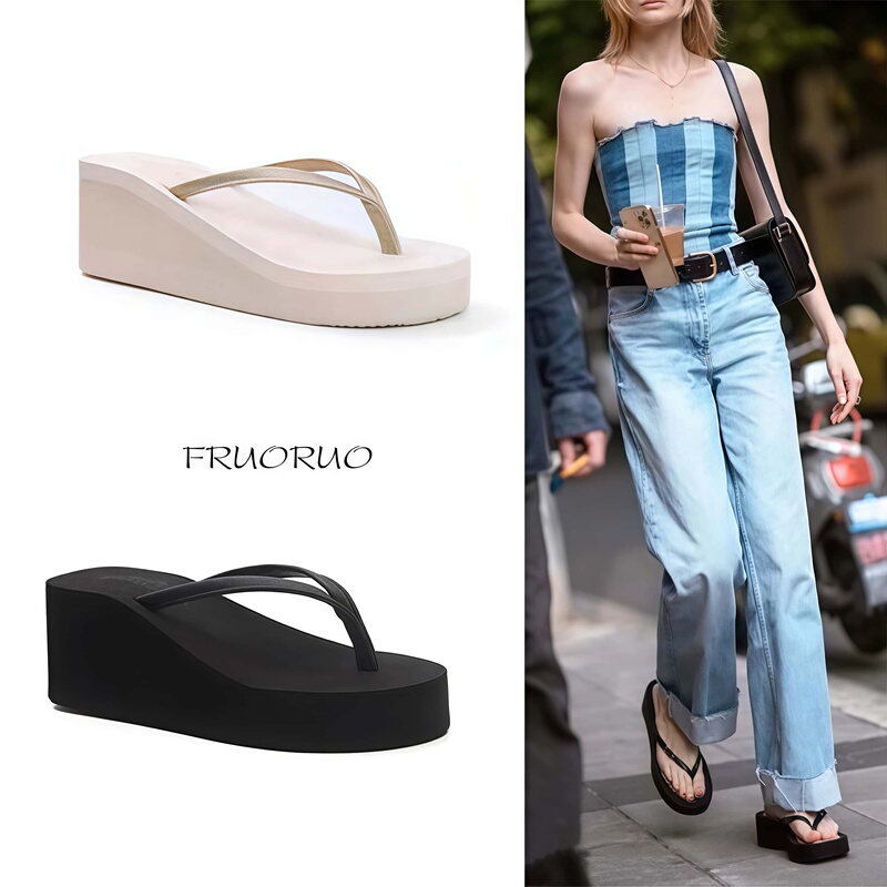Japanese Fruoruo Celebrity Style Flip-Flops for Women, Summer Thick-Soled Wedge Heel, Toe-Post Sandals for Beach, Height-Increasing Slippers