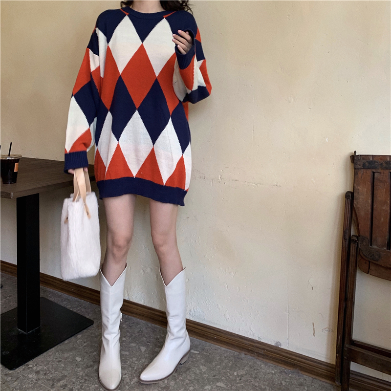 VK旗艦店 韓國風菱形撞色超寬鬆針織毛衣長袖上衣