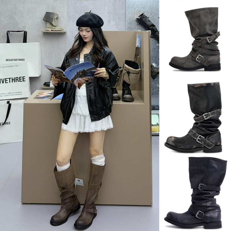 Korean Authentic Negativethree Boots, Zhang Yuanying's Same Style, Slouchy Boots Nt3, Distressed Belt Buckle Riding Boots for Women Korean Authentic Negativethree Boots, Zhang Yuanying's Same Style, Slouchy Boots Nt3, Distressed Belt Buckle Riding Boots for Women