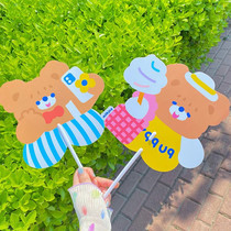 Student Cartoon Small Bear Cool Fan PVC Fan Korea Ins Wind Profiled Fan Cute Mid-Long Handle Handheld Fan
