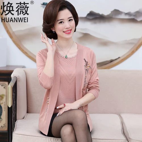 Весенний трикотажный комплект для матери, свитер, куртка, осенний тонкий кардиган для пожилых людей, большой размер, для среднего возраста