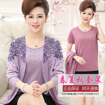 New spring and autumn clothes in old age womens clothes genuine two sets of knitwear jacket big code blouse short sleeve T-shirt