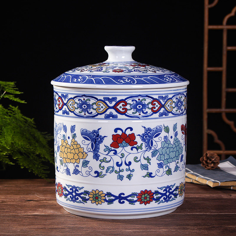 Jingdezhen Ceramic Tea Caddy Pu'er Tea Seven Cake Sealed Tea Set Large Tea Barrel Chen Tea Caddy Moisture-proof and Insect-proof