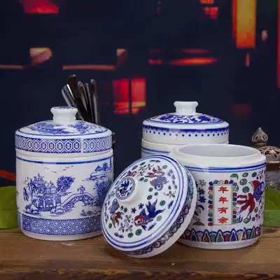 Jingdezhen blue and white ceramic small 1 kg seasoning canned Chinese medicine paste jar Sealed jar Storage jar with lid