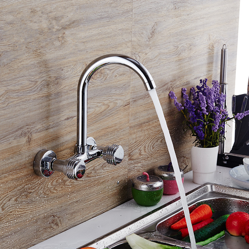 All-copper wall-mounted kitchen faucet swinging wall double-hole balcony laundry pool faucet with hot and cold water - Taobao