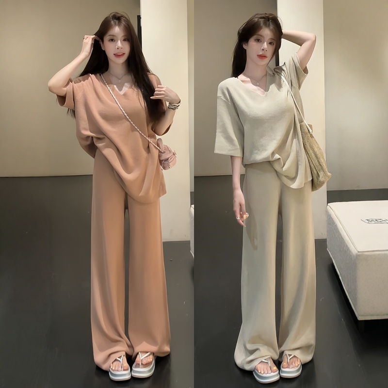 Pure Cotton Relaxed and Lazy Style Sportswear Suit for Women, Summer Loose and Fashionable V-Neck Short-Sleeved Long Pants Casual Two-Piece Set