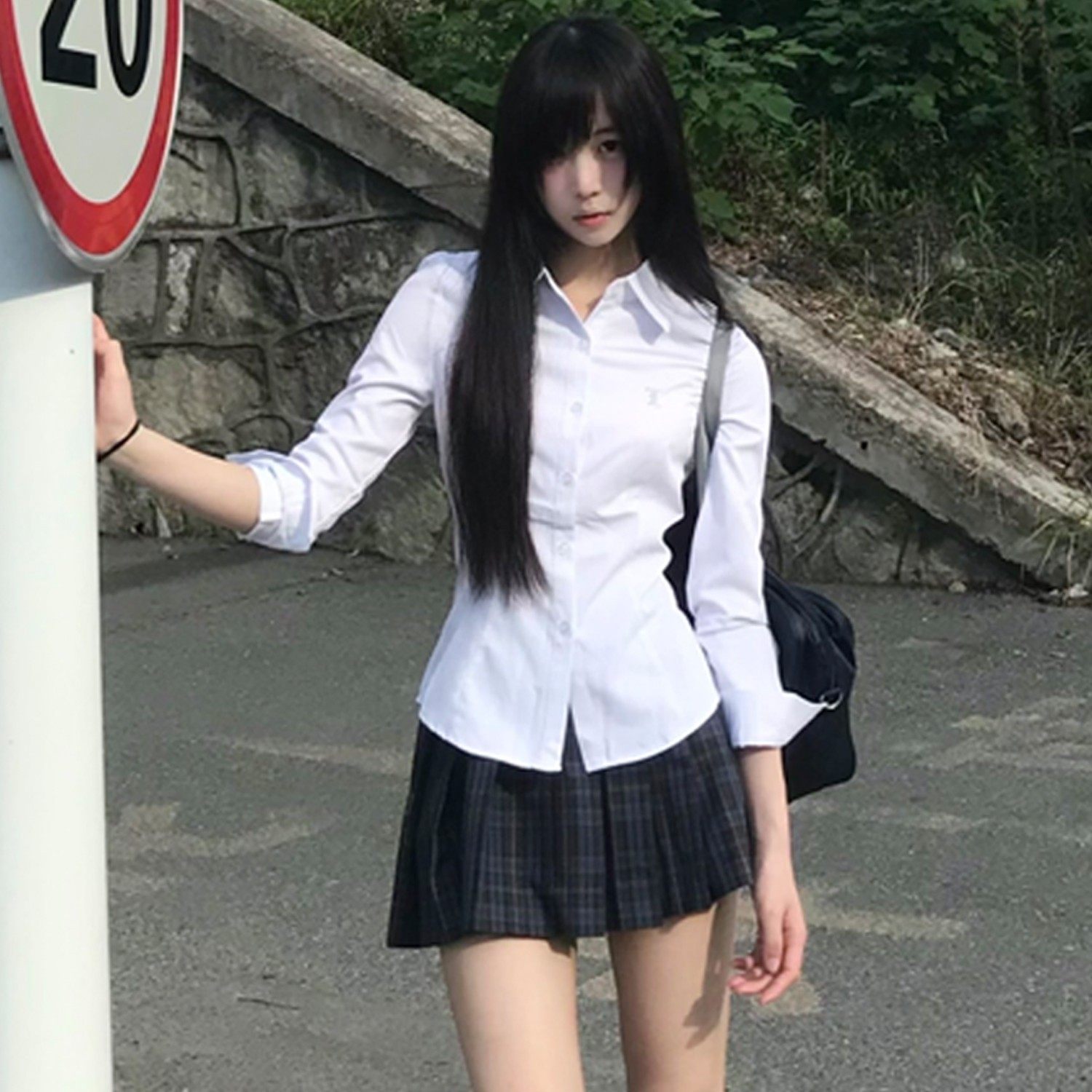 花千猪 Student pleeted yubka, brace, solid color breathable shirt, style, slim fit