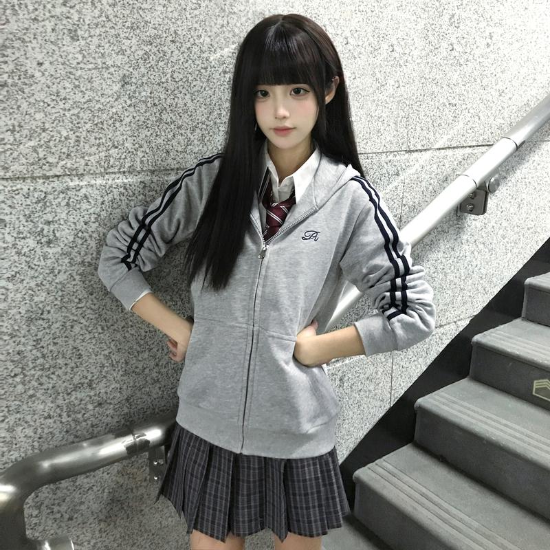 Huaqianzhu New Product Xiaoliangdao Jacket College Style Gray Zipper Top Jk Uniform Hooded Sweatshirt Jacket