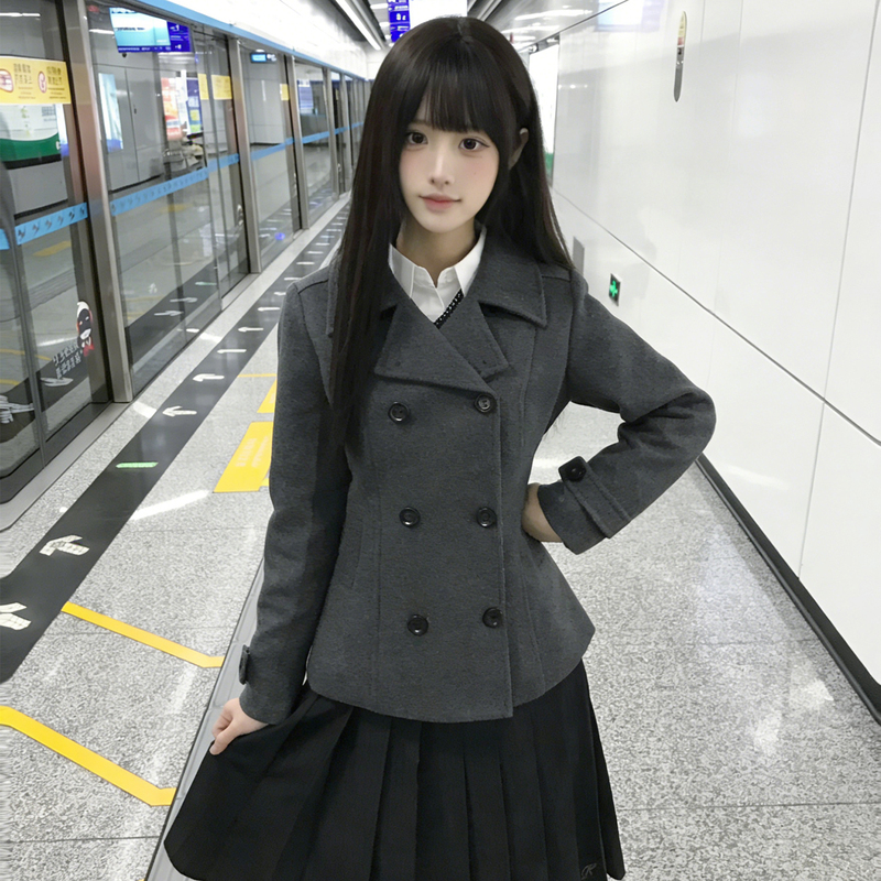 Huaqianzhu 50% Wool Velvet Snow Coat Japanese Style Double-Breasted Short Jacket Jk Uniform Gray Lapel Woolen Coat Huaqianzhu 50% Wool Velvet Snow Coat Japanese Style Double-Breasted Short Jacket Jk Uniform Gray Lapel Woolen Coat