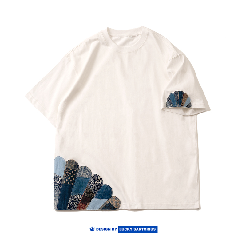 Heavyweight Pure Cotton Indigo Vintage Fabric Patchwork Crew Neck T-Shirt, Hand-Sewn Half-Sleeve Blue-Dyed Patchwork Short-Sleeve Tee for Men and Women Heavyweight Pure Cotton Indigo Vintage Fabric Patchwork Crew Neck T-Shirt, Hand-Sewn Half-Sleeve Blue-Dyed Patchwork Short-Sleeve Tee for Men and Women