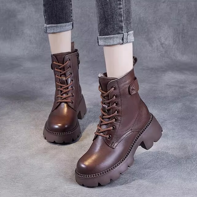 Thick-Soled Martin Boots for Women 2026 New Popular Spring and Autumn Boots British Style Genuine Leather High-Heeled Short Boots for Petite Women to Pair with Skirts