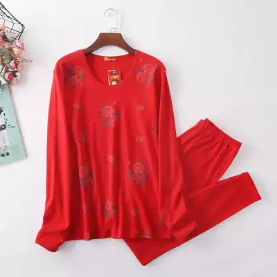 Middle-aged and elderly female fat elderly autumn clothes sanitary pants underwear set cotton plus fat plus size red cotton sweater