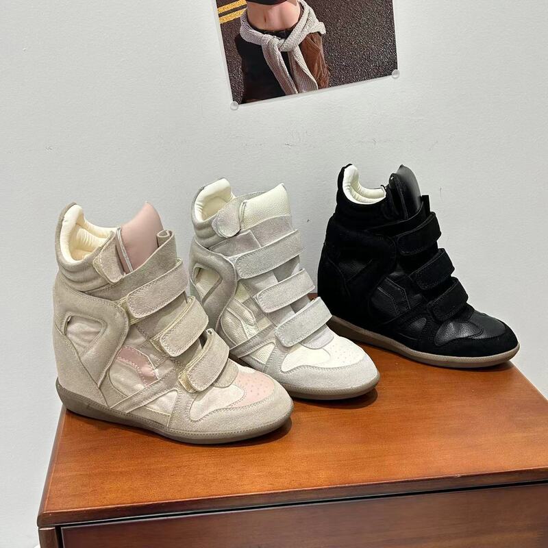 2026 Spring New 7cm Invisible Height Increasing Color-Block Vintage Velcro Genuine Leather Sports Casual High-Top Shoes for Women