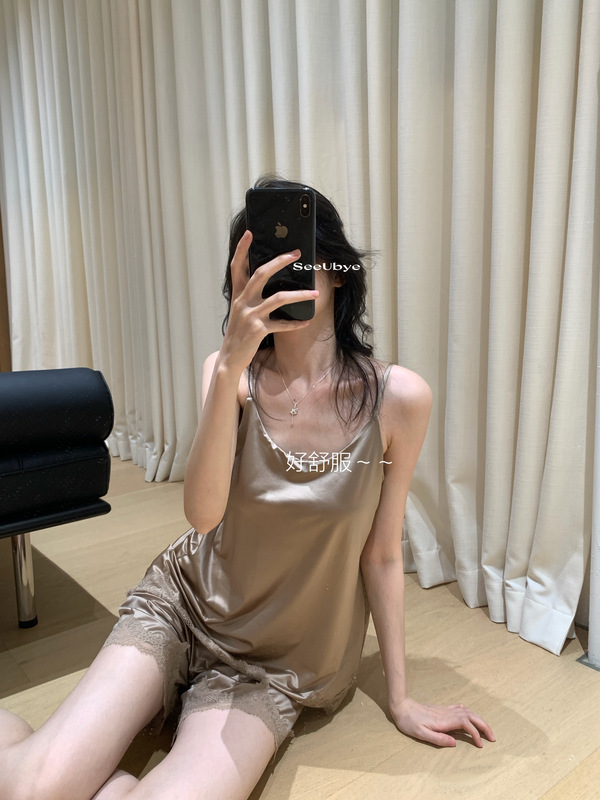 A Spoonful of Sweetness Seeubye! (in Stock) Satin Lace Pajama Set with Bra, Thin Camisole Shorts, Loungewear