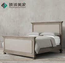 American solid wood double bed Oak soft bag cloth art bed 1 8 meters French old vintage style bedroom 1 5 meters bed