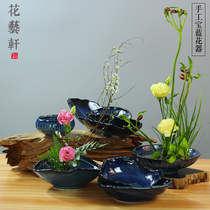 Retro kiln change blue ceramic flowerpot Jianshan flower arrangement Zen flower style desktop creative ornaments tea room soft equipment