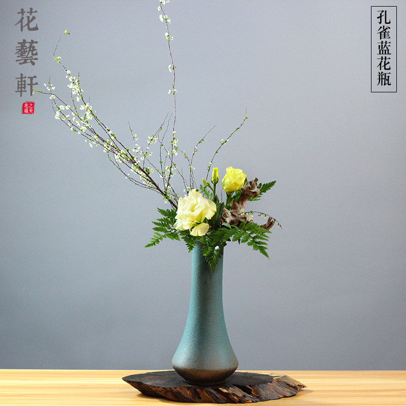 Retro Chinese style Zen Serie peacock blue ceramic vase creative flower arrangement floral drawing room handmade pendulum pieces soft decorations