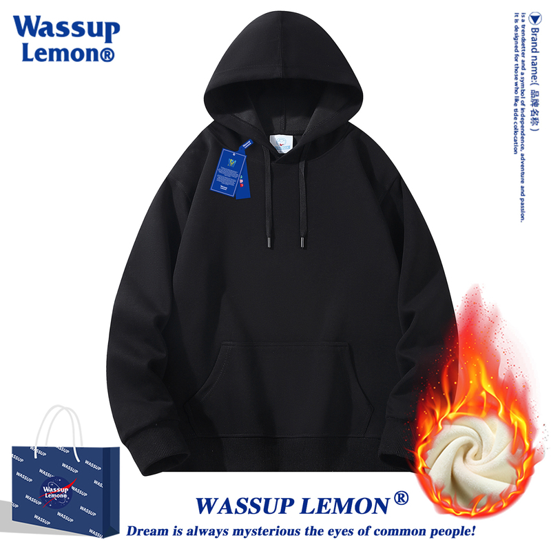 Wassup Lemon Autumn and Winter Fleece-Lined Thickened Hooded Sweatshirt for Men, Solid Color, Loose Casual Student Hoodie, Trendy