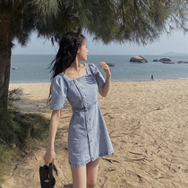 Plum cooked French air style square collar bubble sleeve denim skirt women 2021 autumn waist hollow dress