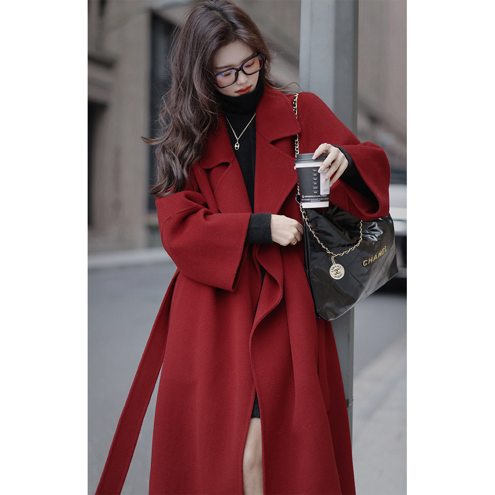 Plum cooked (Donghton 2 0) red coat bathrobe coat female winter advanced senses wool cashmere double face-Taobao